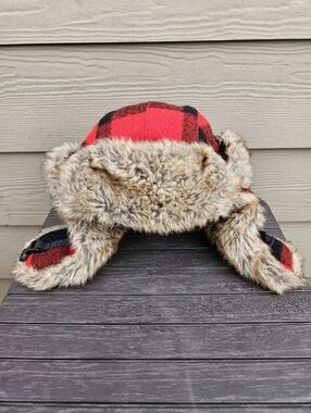 Mad Bomber Trapper Hat Red Black Buffalo Plaid Wool Faux Fur Lined Warm Winter S